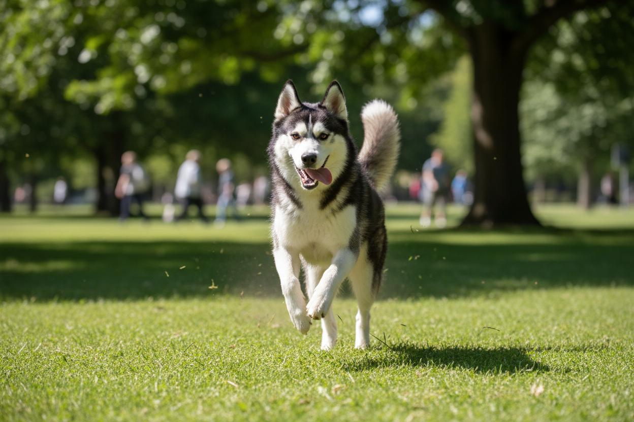 Classic black and white husky with brown eyes playing at a park